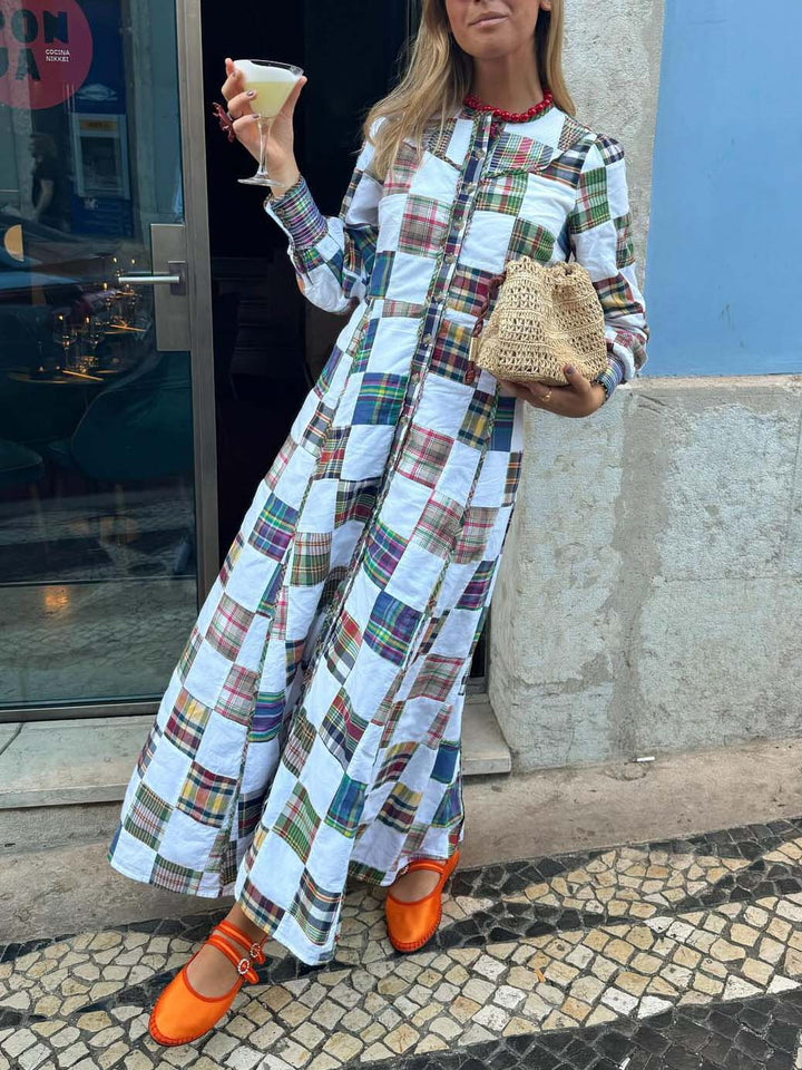 Unique Irregular Plaid Round Neck A-Line Maxi Dress