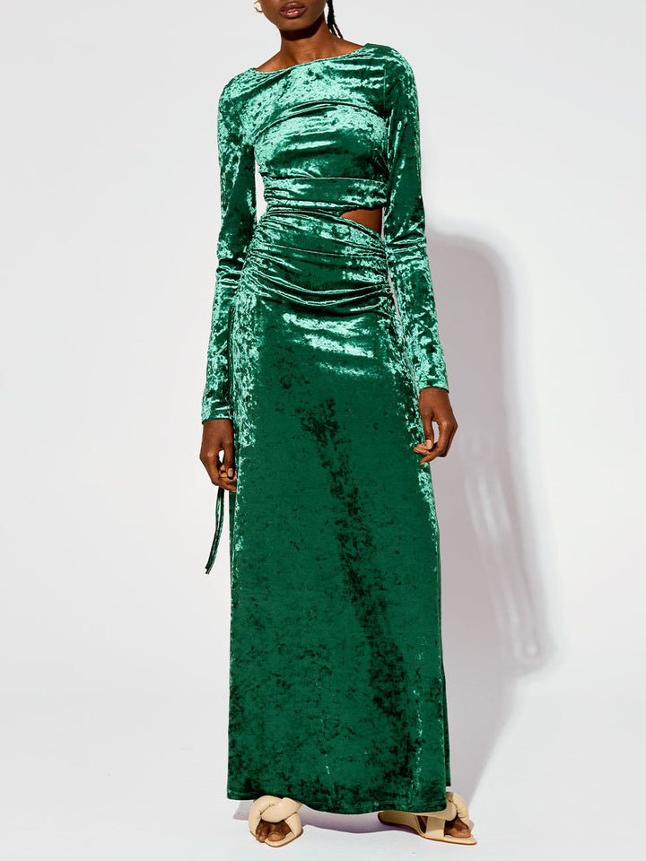 Modern Cutout Shirred Diamond Velvet Maxi Dress