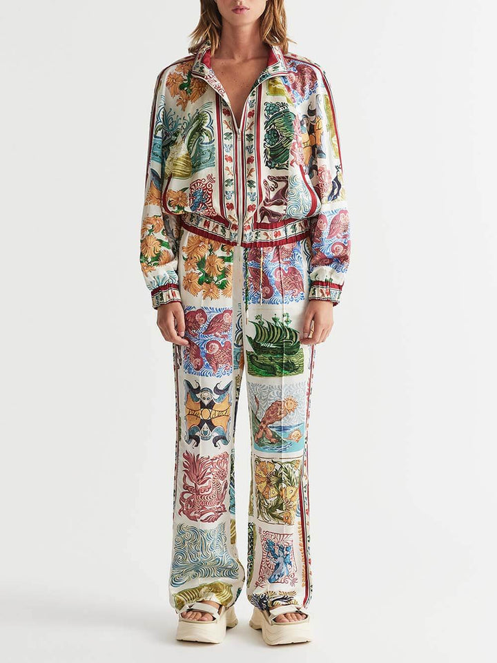 Unique Print Elastic Waist Pocketed Wide Leg Pants