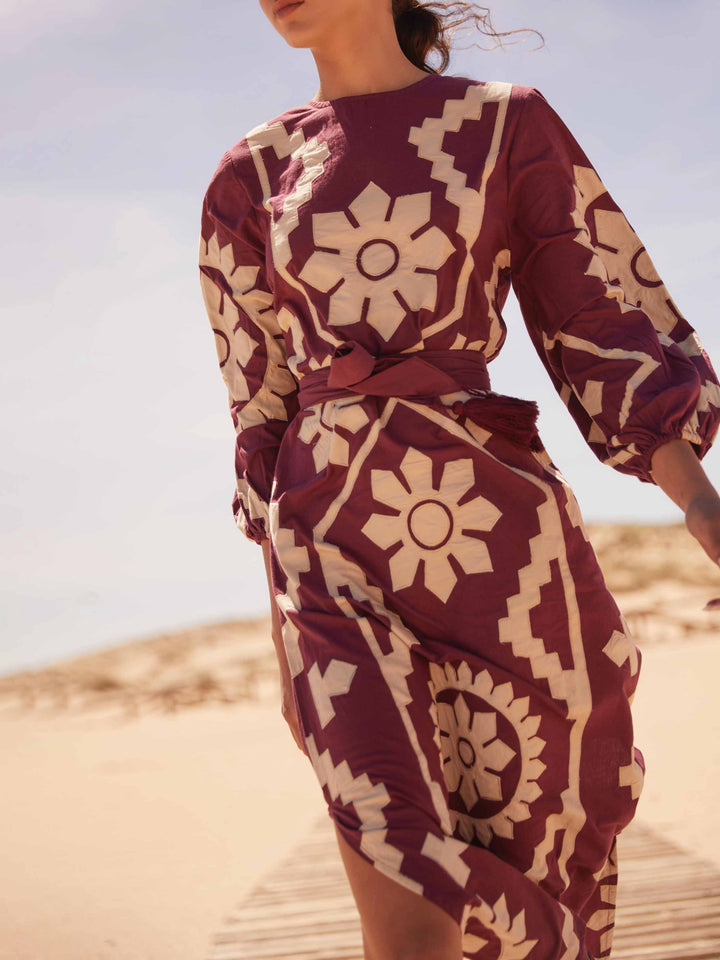 Retro Folk Flower Print Puff Sleeve Midi Dress