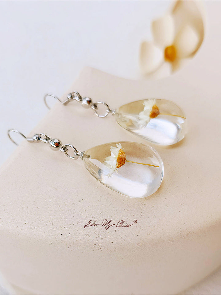 Natural Dahlberg Daisy Dried Flowers of Happiness Water Drop Earrings