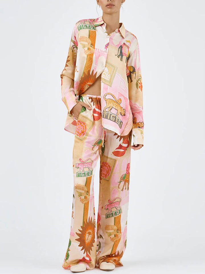 Unique Printed Casual Shirt Top and Elastic Waist Loose Pants Sets