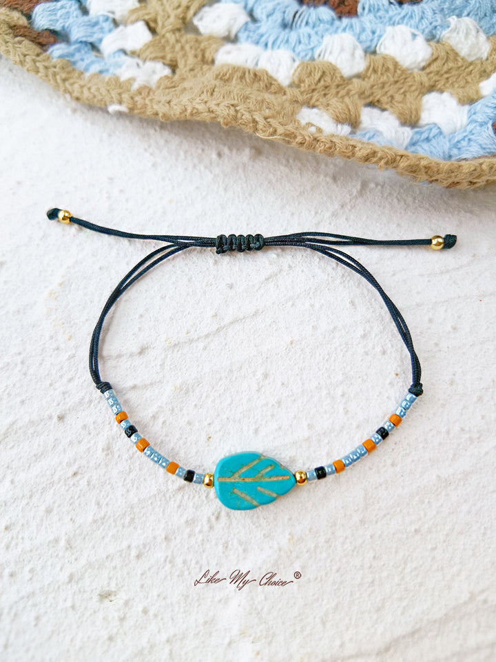 Adjustable Drawstring Beaded Bracelet Turquoise Maple Leaf