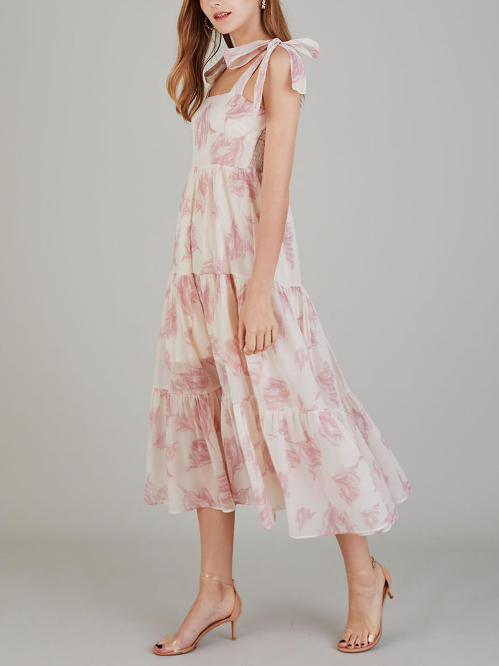 Unique Retro Fashion Sunshine Floral Print Lace-up Midi Dress
