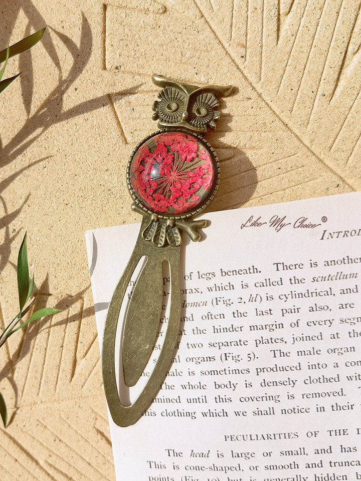 Queen Anne Lace Floral Owl Bronze Bookmark