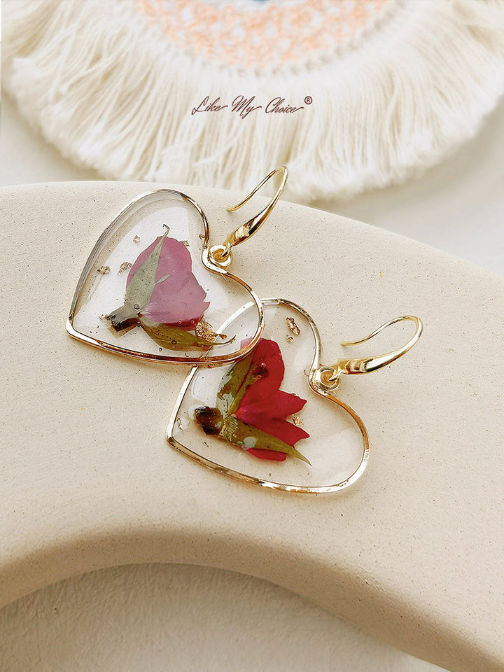 Pressed Flower Earrings - Resin Heart Dried Flower