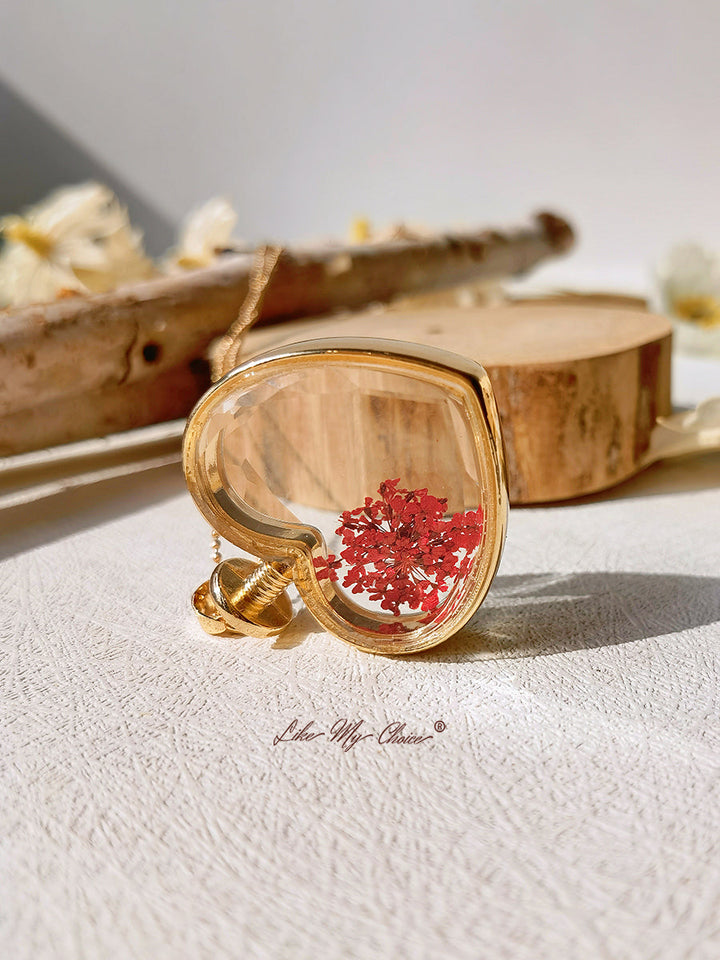 Queen Anne Lace Floral Crystal Glass Heart Necklace