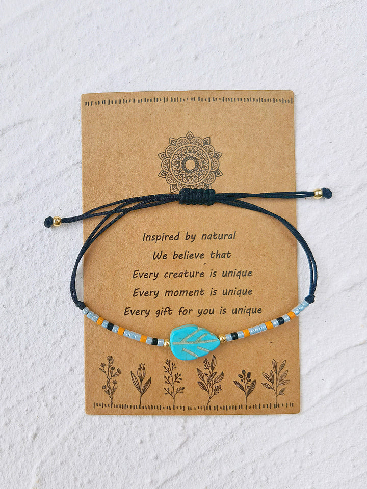 Adjustable Drawstring Beaded Bracelet Turquoise Maple Leaf