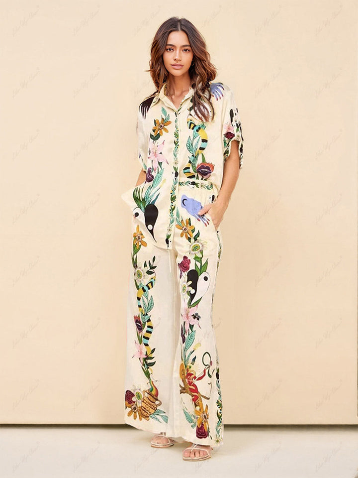 Satin Unique Print Pocketed Wide Leg Pants