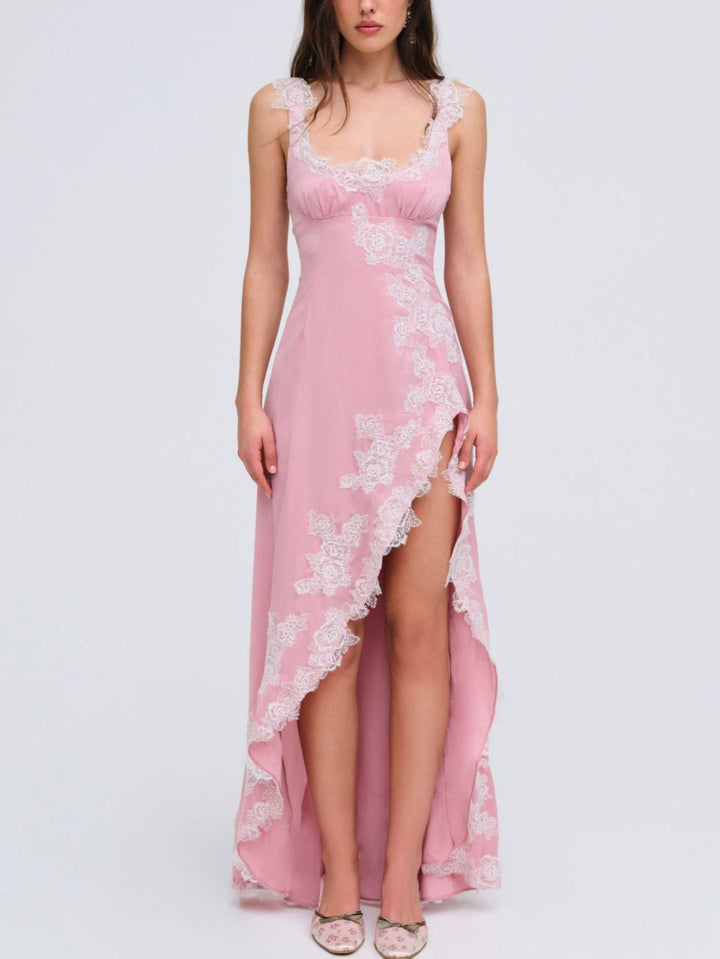 Elegant Rose Lace Irregular Slit Maxi Dress