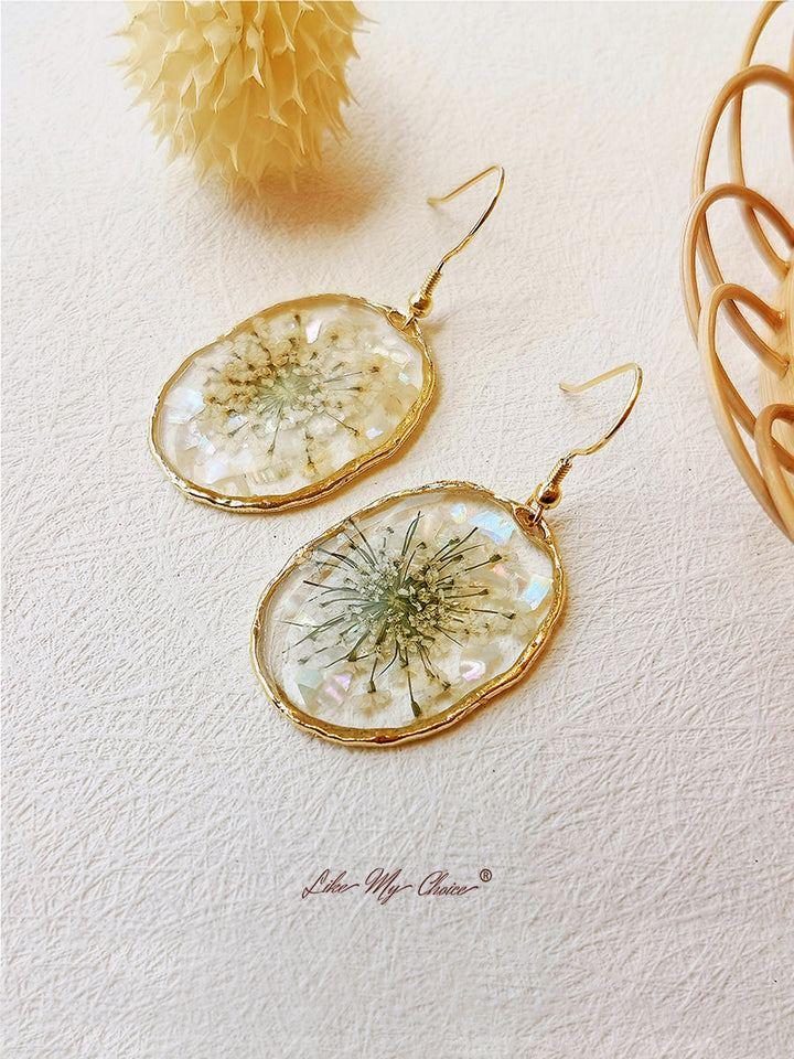 Pressed Flower Earrings - Queen Anne's Lace Flowers Ovar