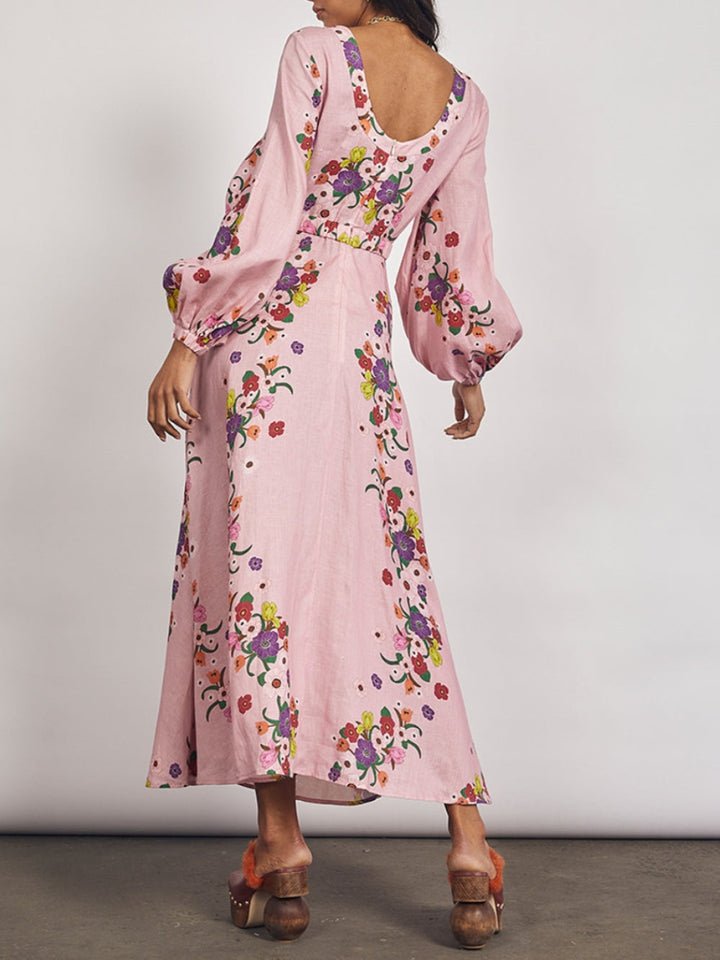 Rose Printed Flared Hem Midi Dress