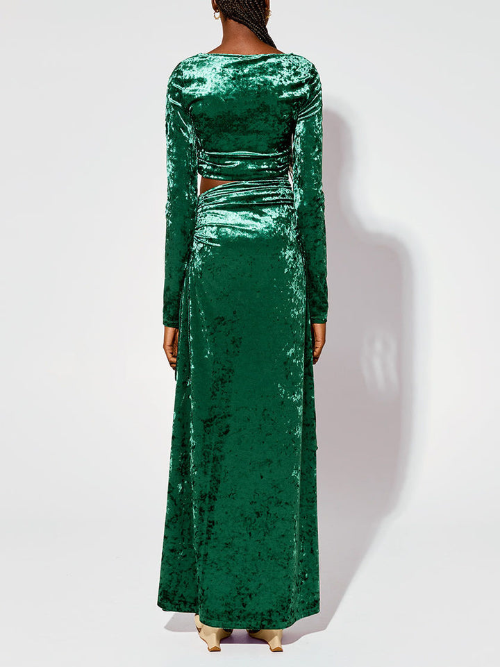 Modern Cutout Shirred Diamond Velvet Maxi Dress
