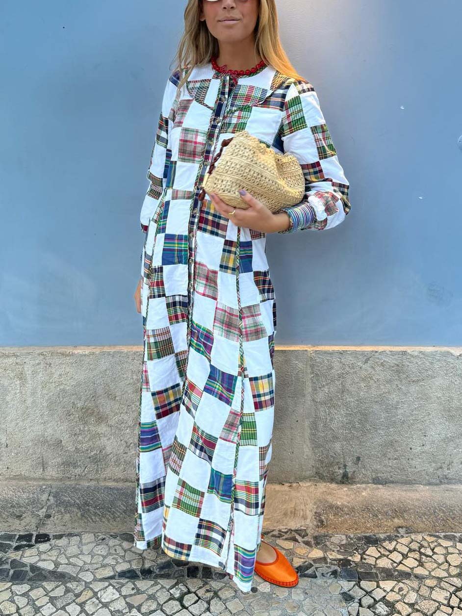 Unique Irregular Plaid Round Neck A-Line Maxi Dress