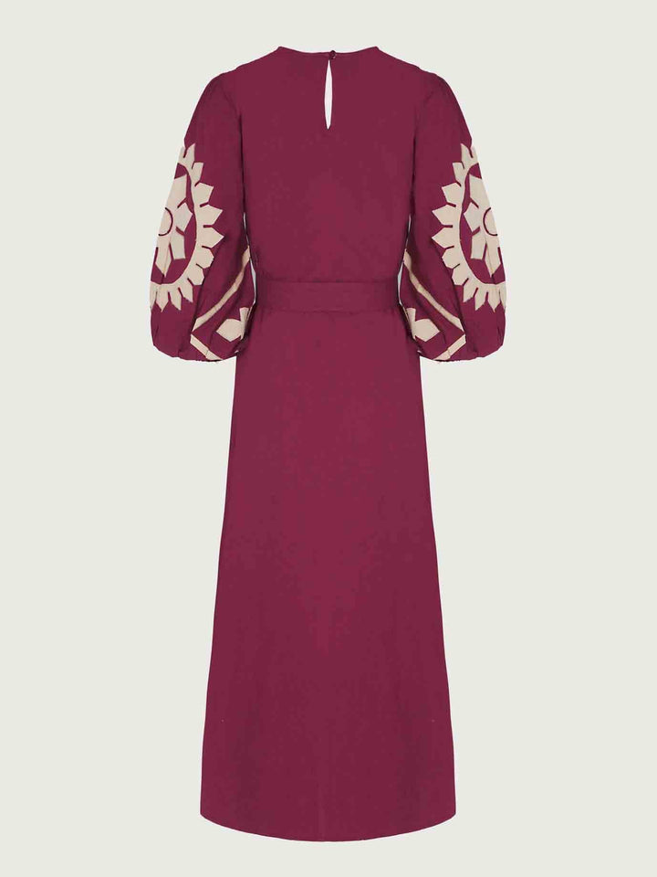 Retro Folk Flower Print Puff Sleeve Midi Dress