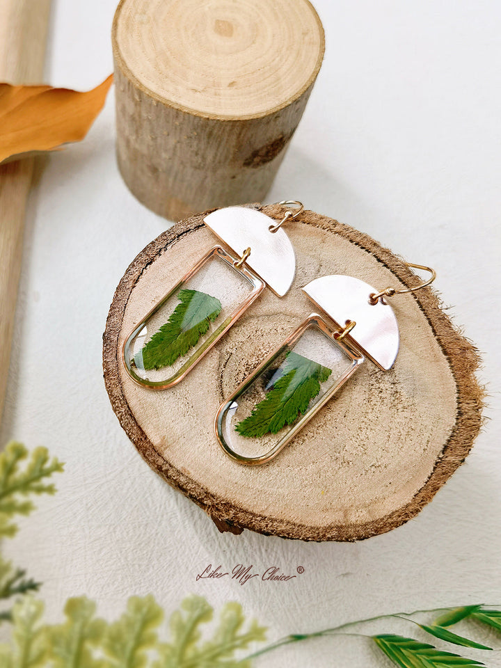 Window-shaped Brass Frames Pressed Fern Earrings