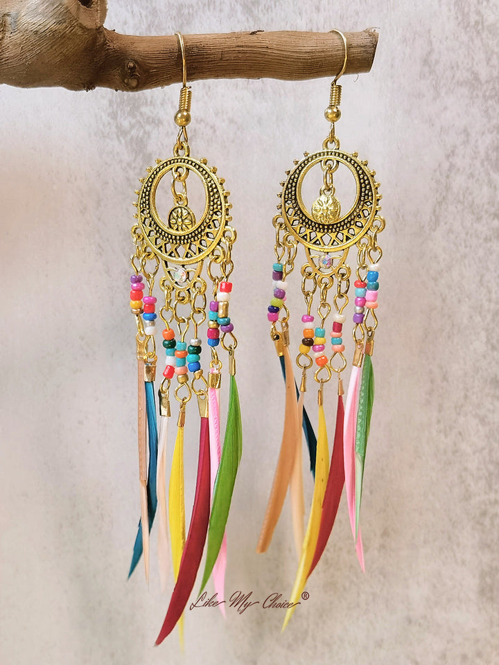 Vintage Ethnic Long Feather Dangle Boho Earrings