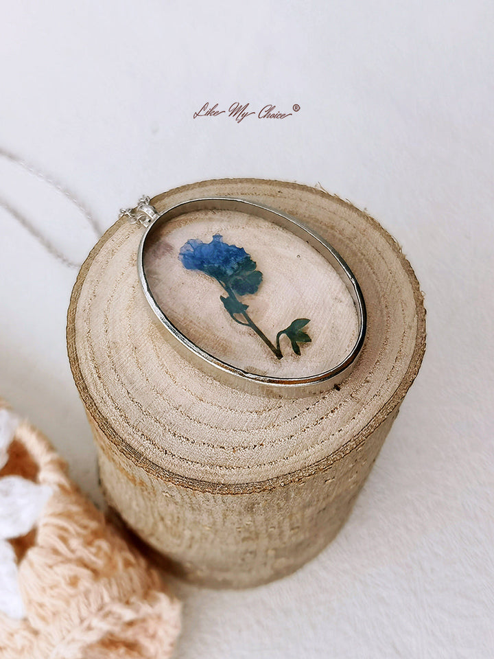 Pressed Flower Necklace -  Forget Me Not Flower Oval