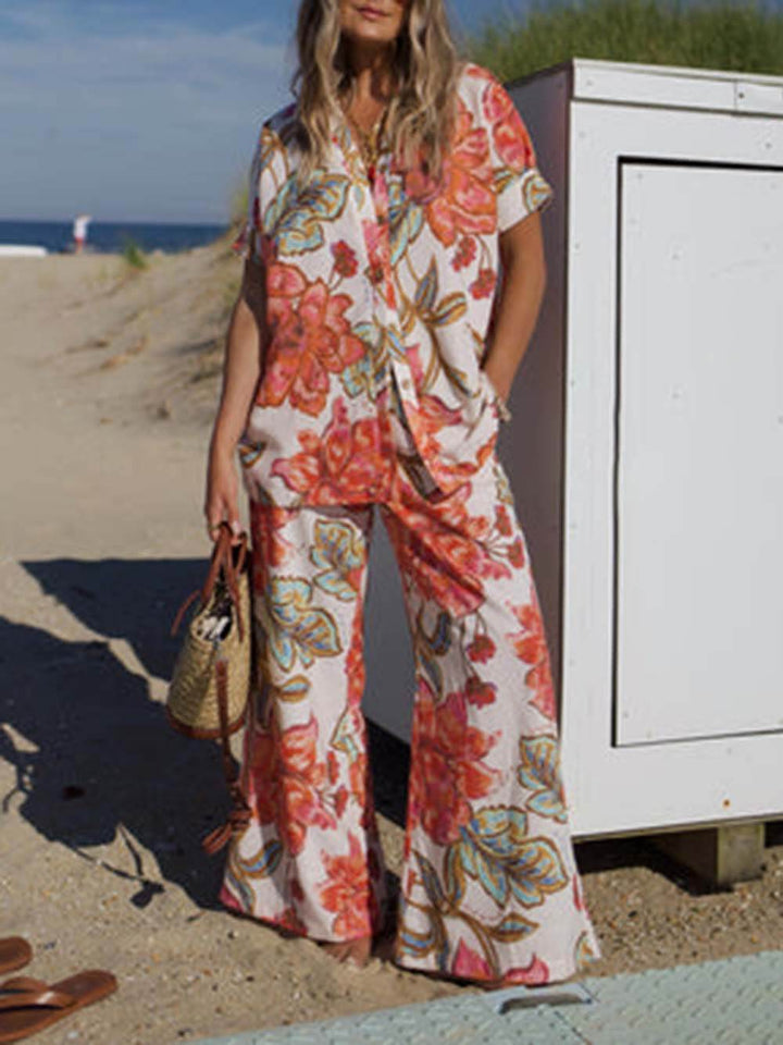 Modern Unique Floral Print Elastic Pocket Wide Leg Pants