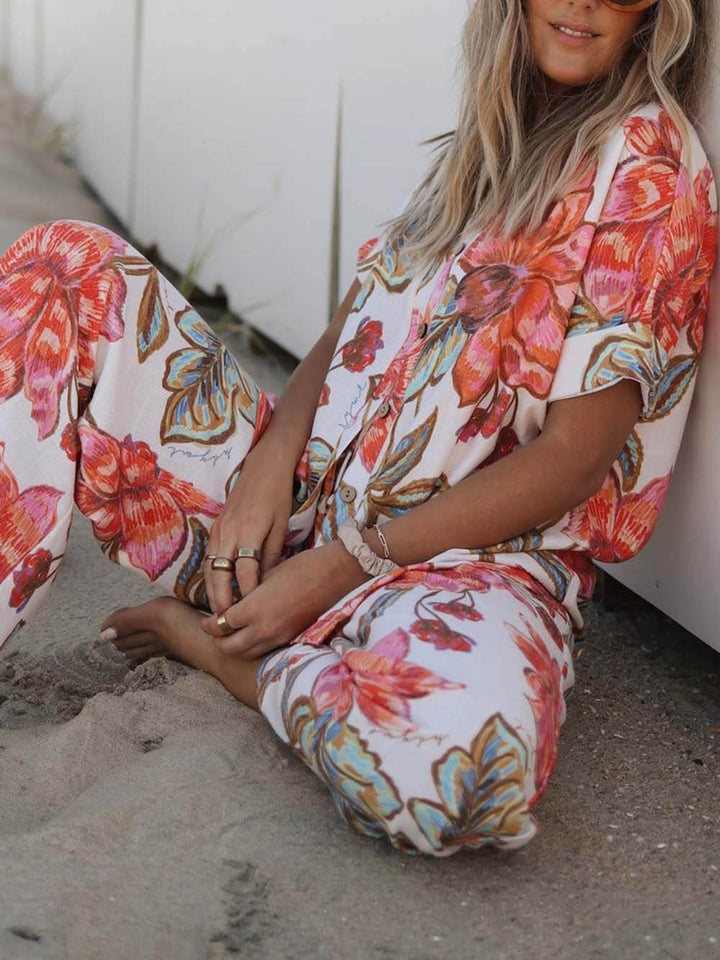 Modern Unique Floral Print Elastic Pocket Wide Leg Pants