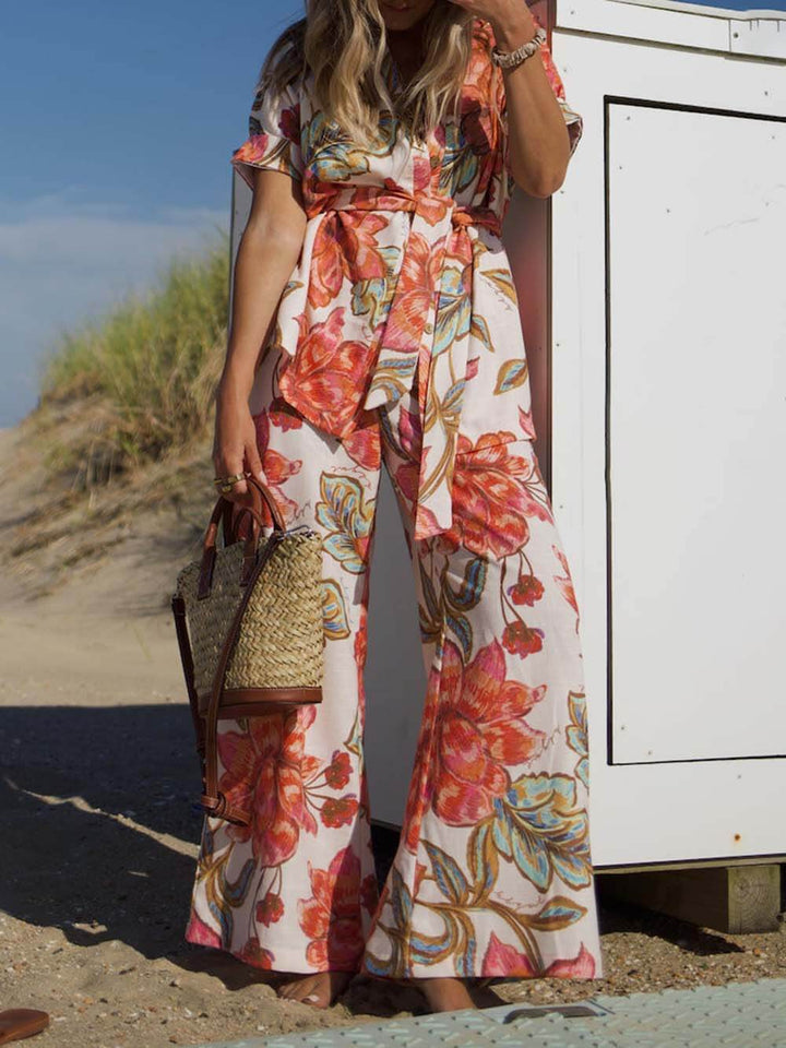 Modern Unique Floral Print Elastic Pocket Wide Leg Pants