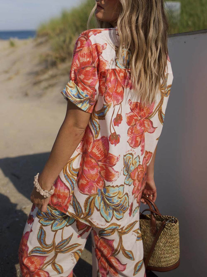 Modern Unique Floral Print Elastic Pocket Wide Leg Pants