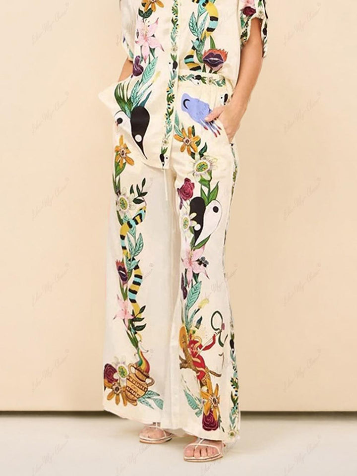 Satin Unique Print Pocketed Wide Leg Pants