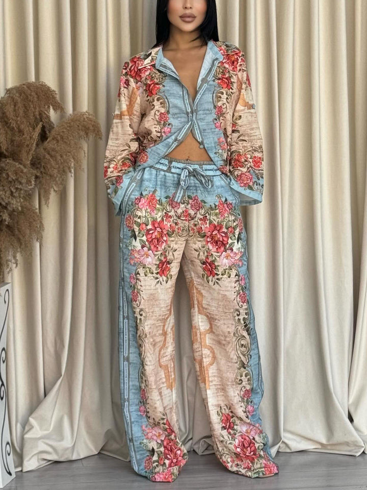 Unique Retro Palace Floral Print Loose Long-Sleeved Shirt
