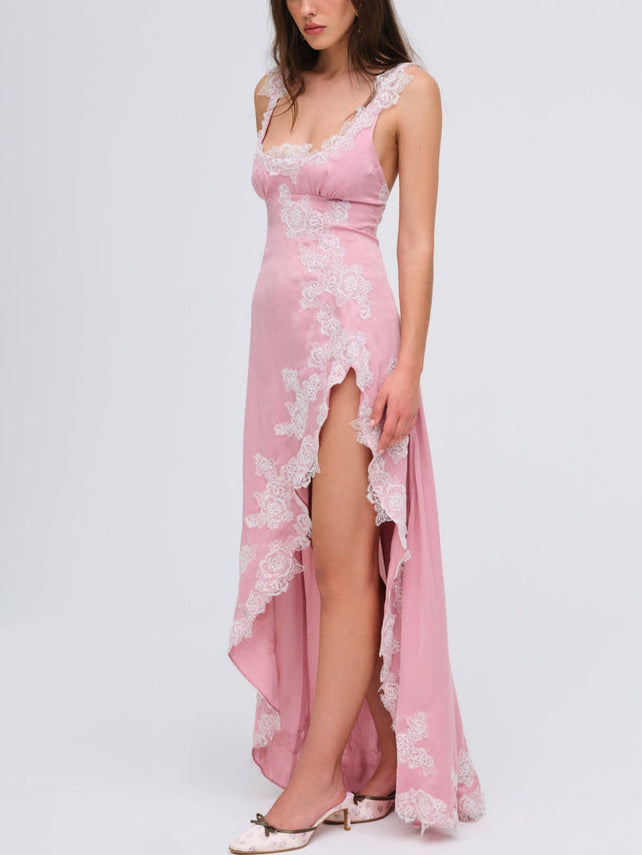 Elegant Rose Lace Irregular Slit Maxi Dress