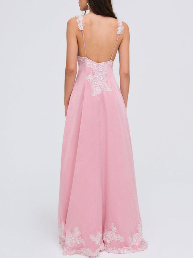 Elegant Rose Lace Irregular Slit Maxi Dress