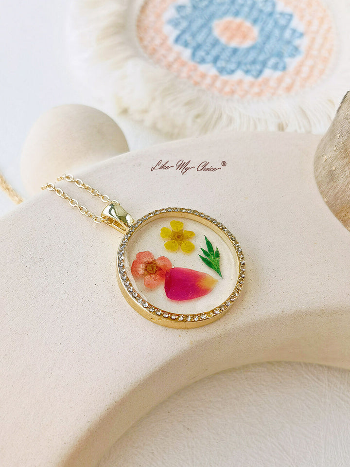Birth Month Flower Resin Round Crystal Pendant Necklace