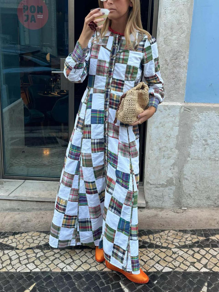 Unique Irregular Plaid Round Neck A-Line Maxi Dress