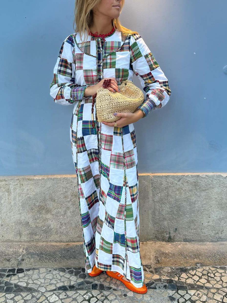 Unique Irregular Plaid Round Neck A-Line Maxi Dress