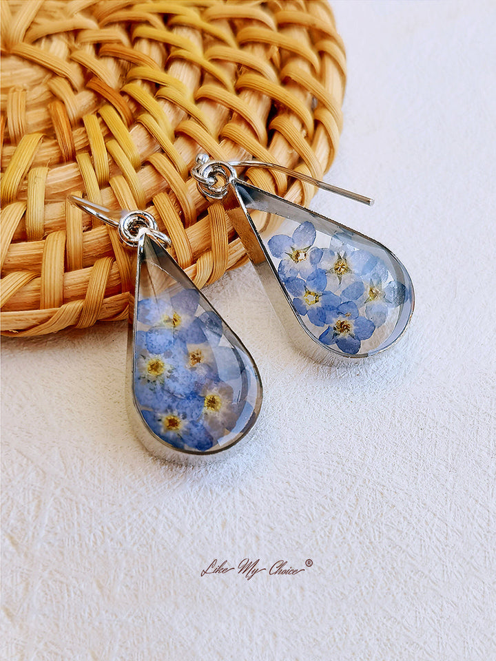 Pressed Flower Earrings -  Water Drop Forget Me Not Flower