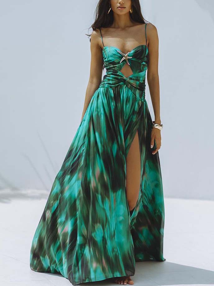 Sexy Smudge Print Twist-Tie Hollow Maxi Dress