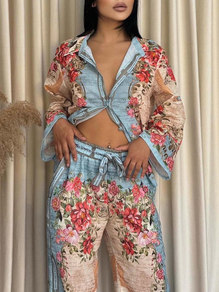 Unique Retro Palace Floral Print Loose Long-Sleeved Shirt