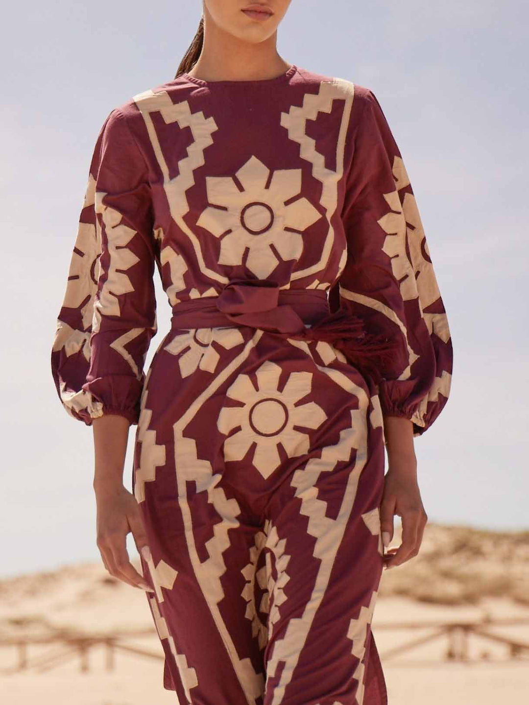 Retro Folk Flower Print Puff Sleeve Midi Dress