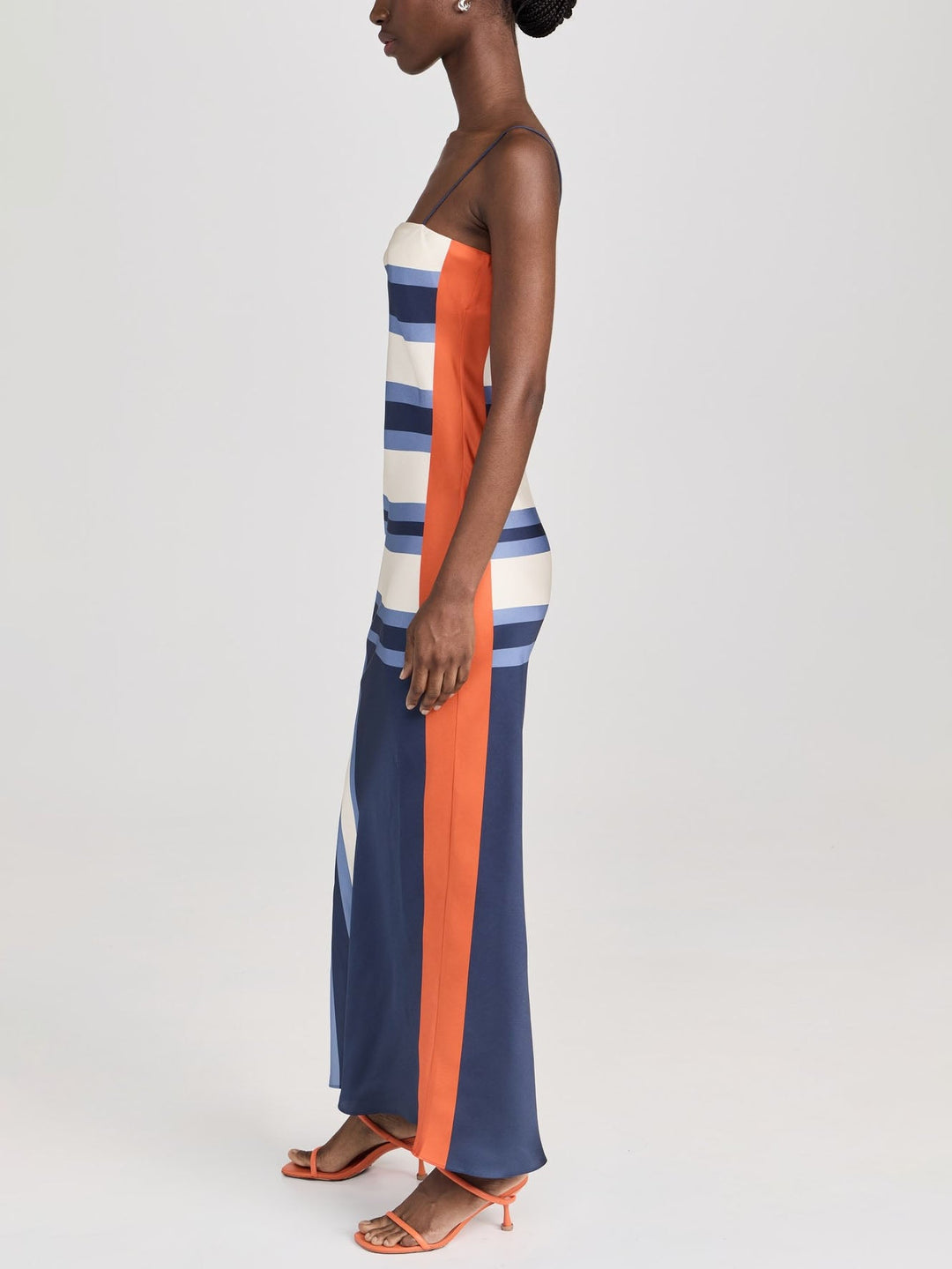 Satin Irregular Striped Floral Suspender Midi Dress