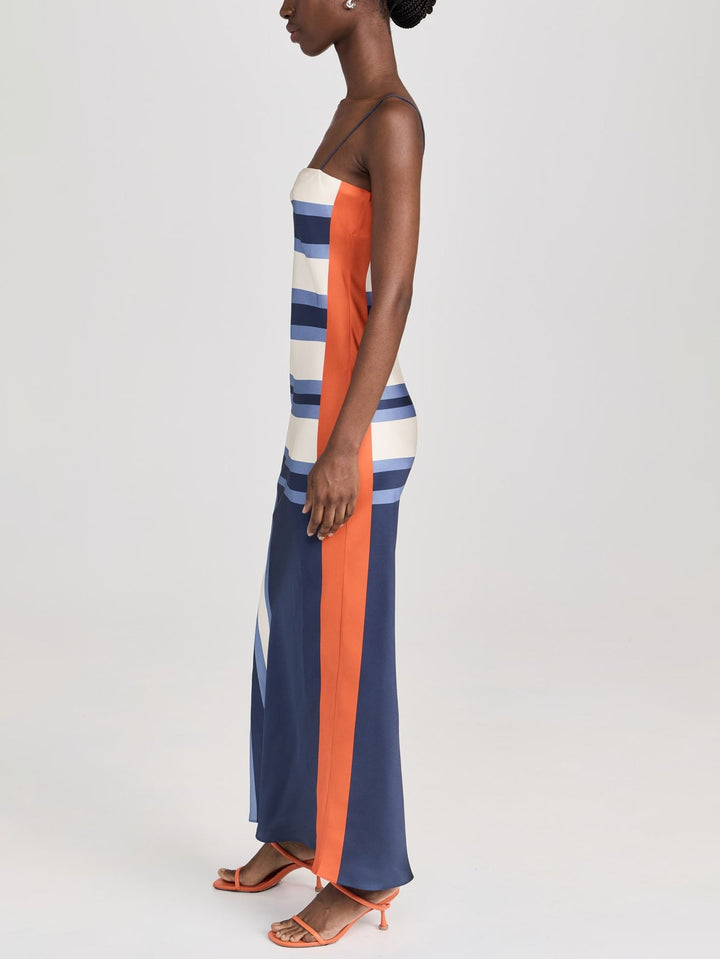 Satin Irregular Striped Floral Suspender Midi Dress
