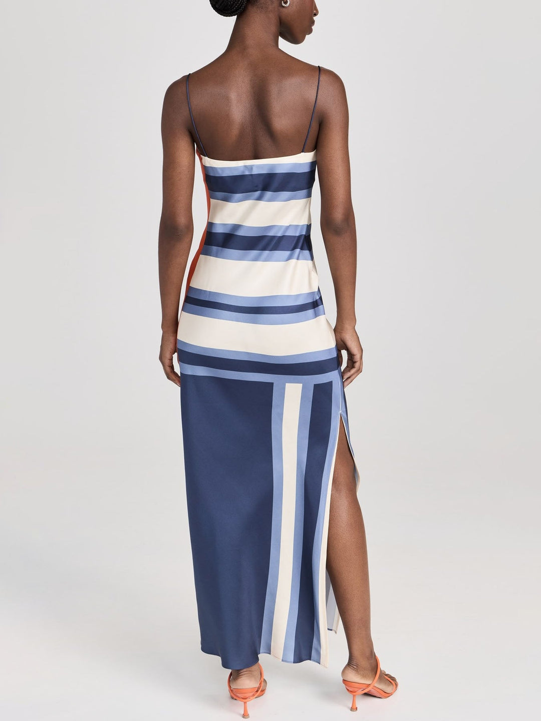 Satin Irregular Striped Floral Suspender Midi Dress