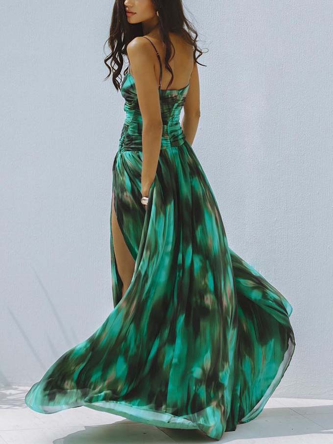 Sexy Smudge Print Twist-Tie Hollow Maxi Dress